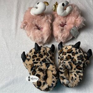 2 Pairs of Kids Animal Slippers Fluffy Pink Swan + Monster Foot T10